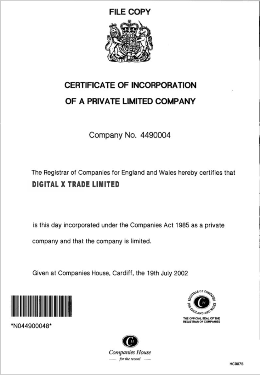 Certificate of Incorporation - Digital X Trade Limited